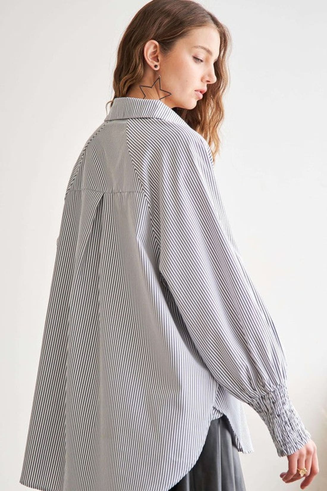 ADORA High Low Striped Button Down Smocked Lantern Sleeve Shirt