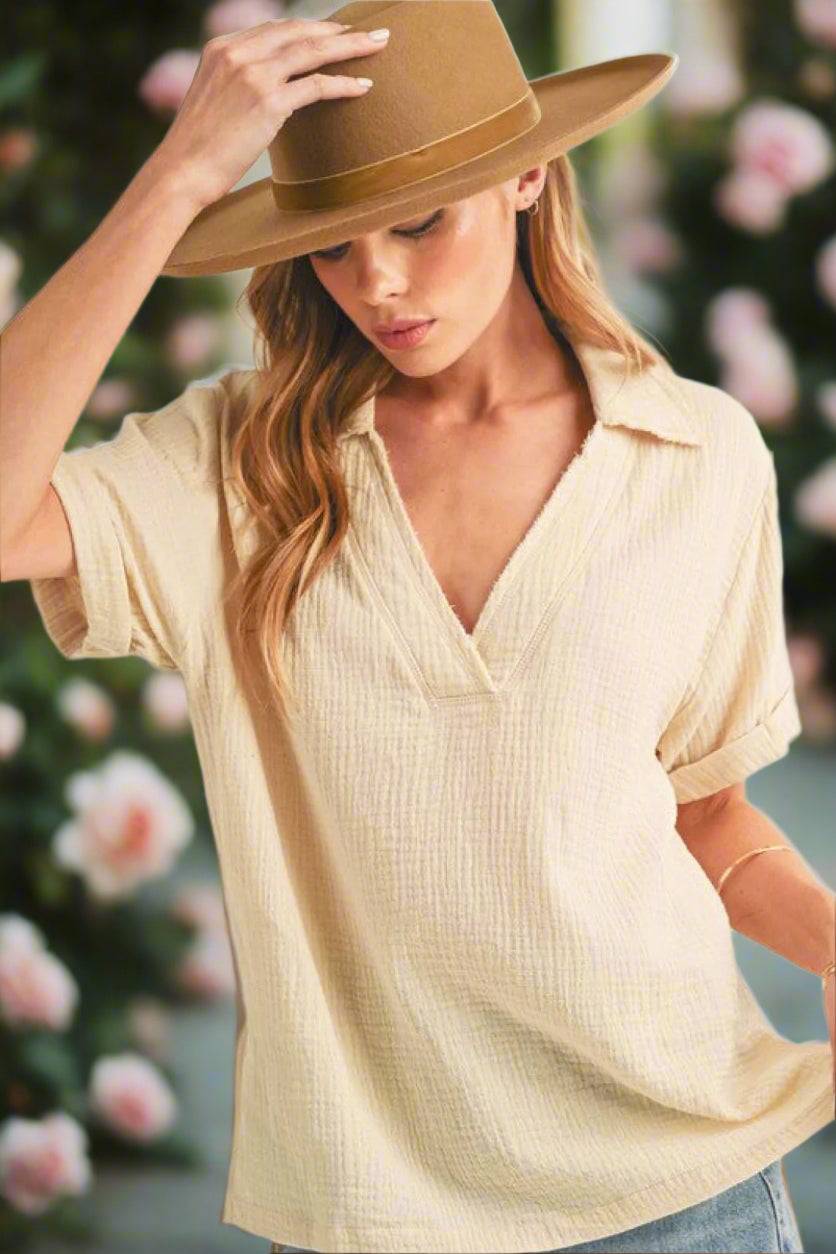 Aemi + Co Side Slit Johnny Collar Short Sleeve Cotton Gauze Blouse