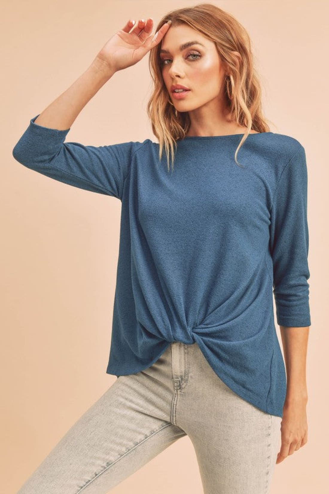Aemi + Co Twist Front Round Neck 3/4 Sleeve T Shirt