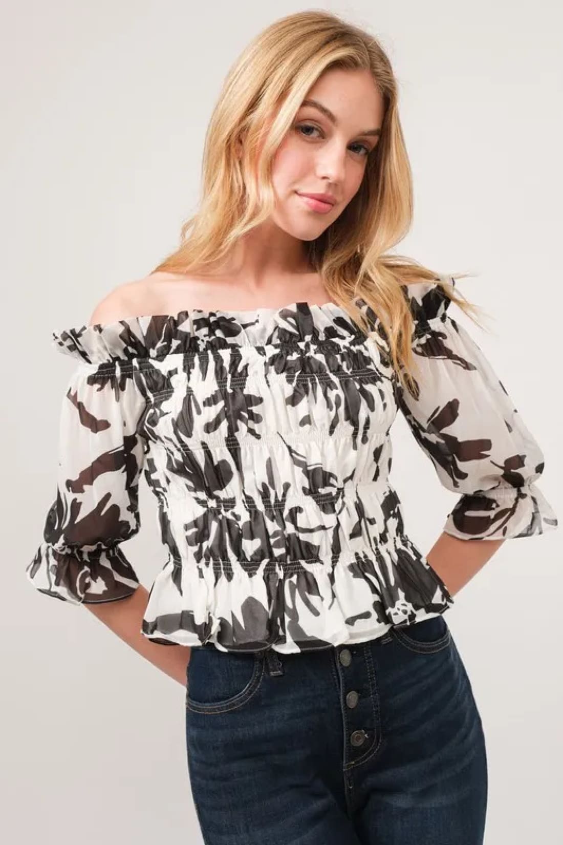 And The Why Smocked Off Shoulder Floral Printed Top