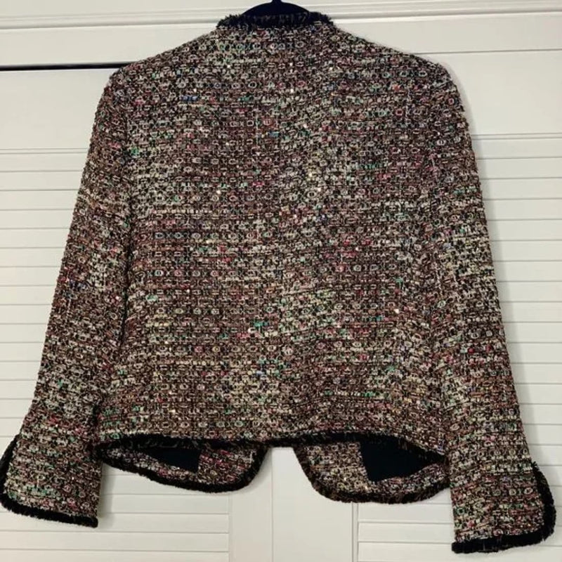 Ann Taylor Cropped Tweed Blazer Jacket Black Multicolor Fringe Trim Size 8 | Jackets & Coats