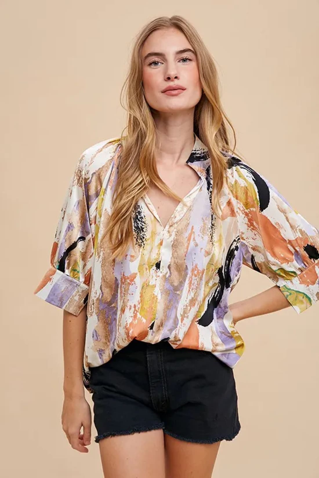 Annie Wear Multi Color Printed V Neck Open Woven Blouse Top