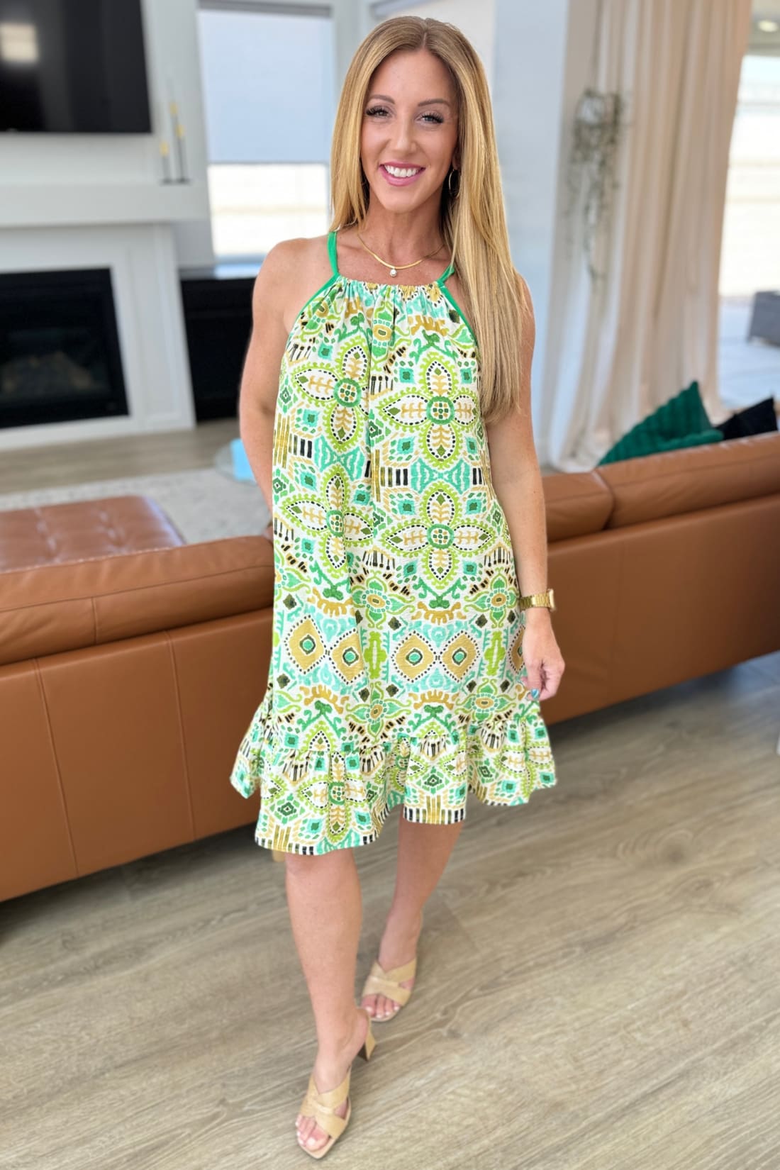Spaghetti Strap Halter Floral Tank Dress in Lime