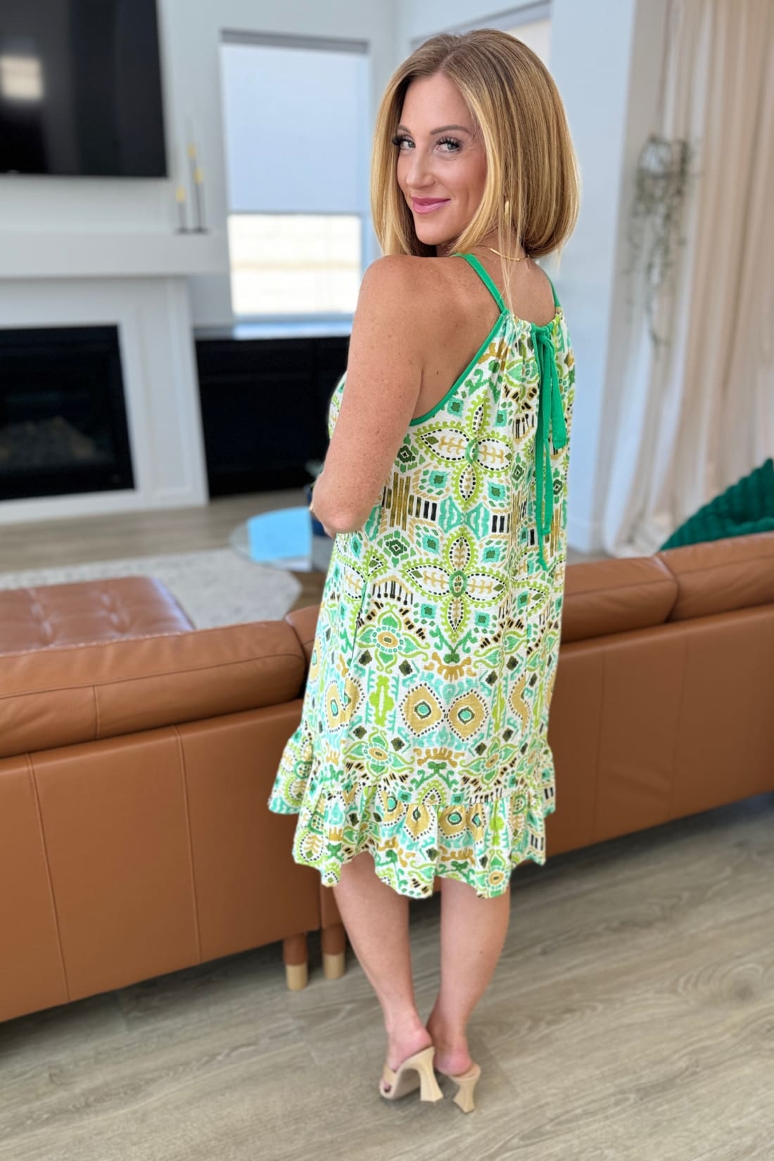 Spaghetti Strap Halter Floral Tank Dress in Lime