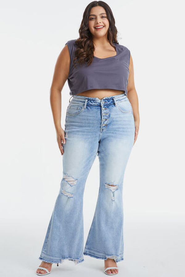 BAYEAS Full Size Distressed Raw Hem High Waist Flare Jeans | Women’s Jeans