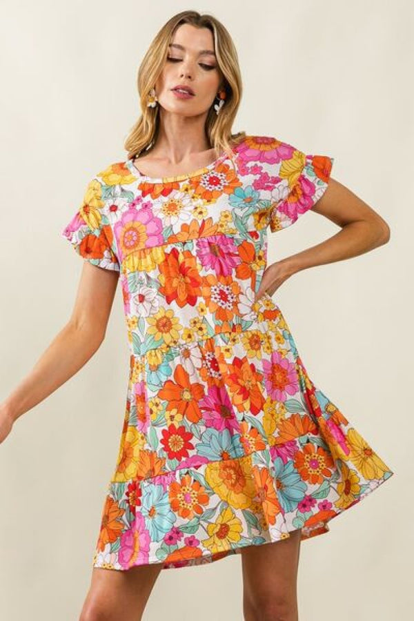 BiBi Floral Short Sleeve Tiered Dress | Mini Dresses