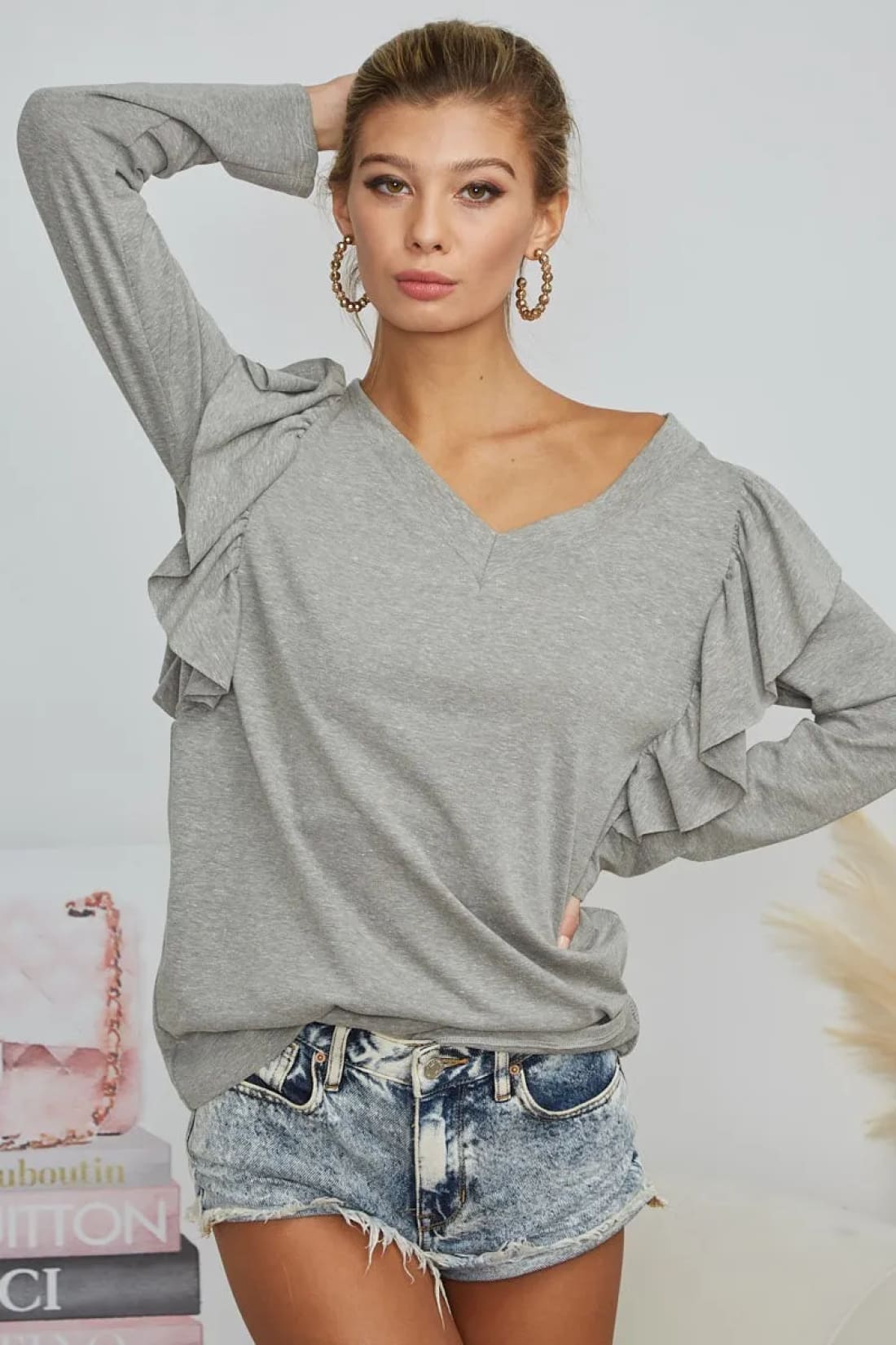 BiBi Triblend V Neck Top with Shoulder Shrring Detail