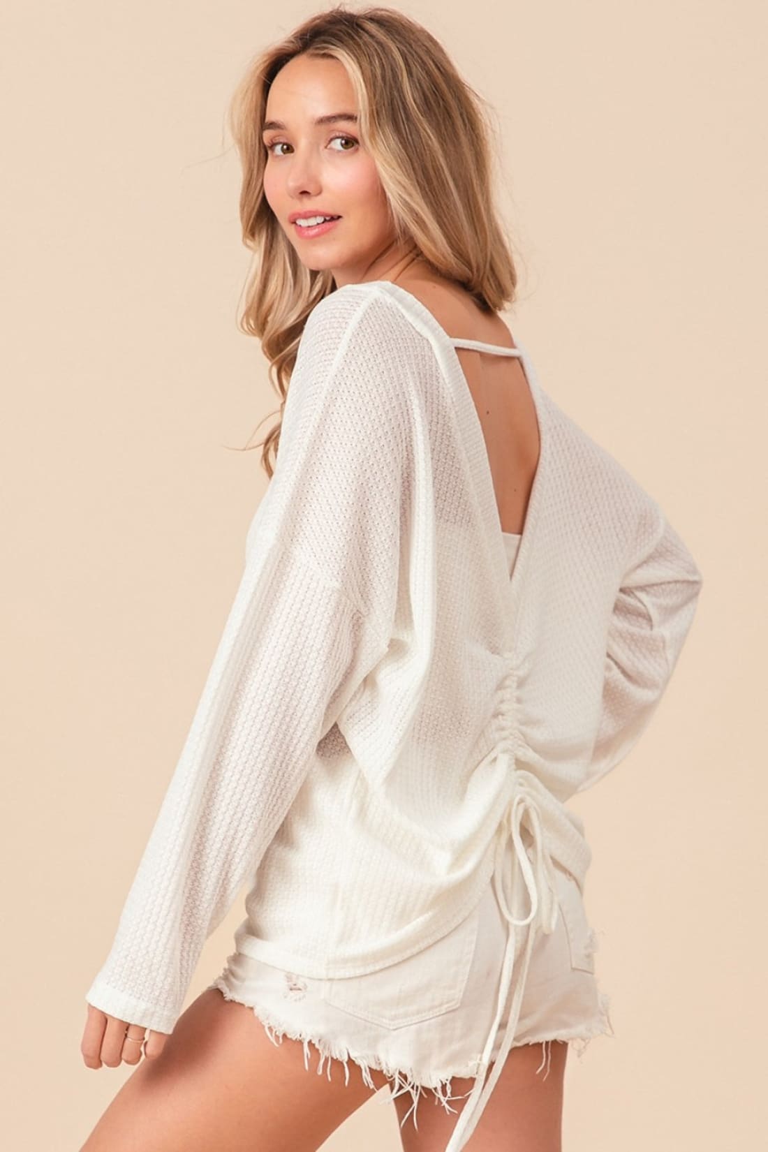 BiBi Waffled Backless Drawstring T - Shirt