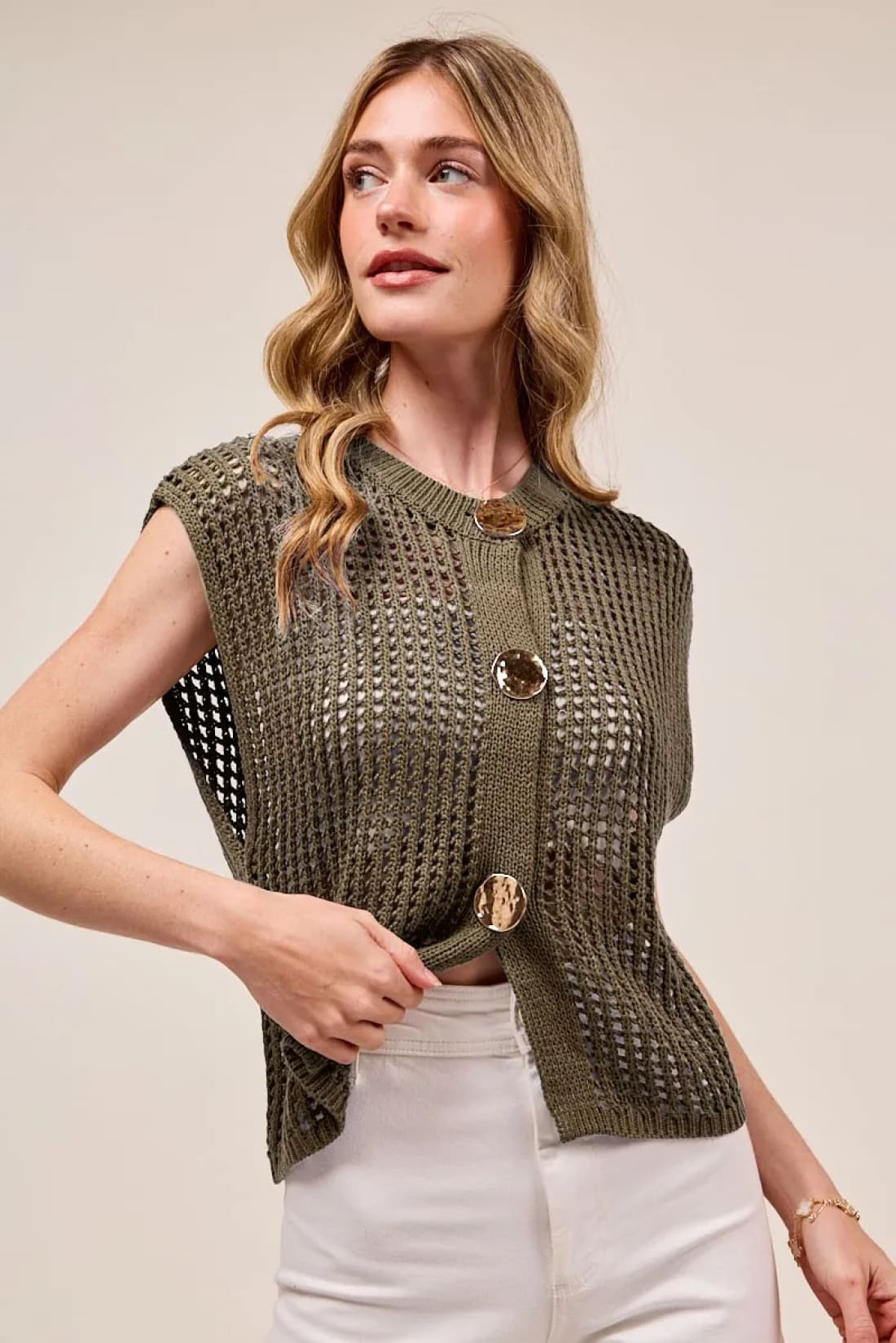 Big Metal Button Front Openwork Sweater Vest