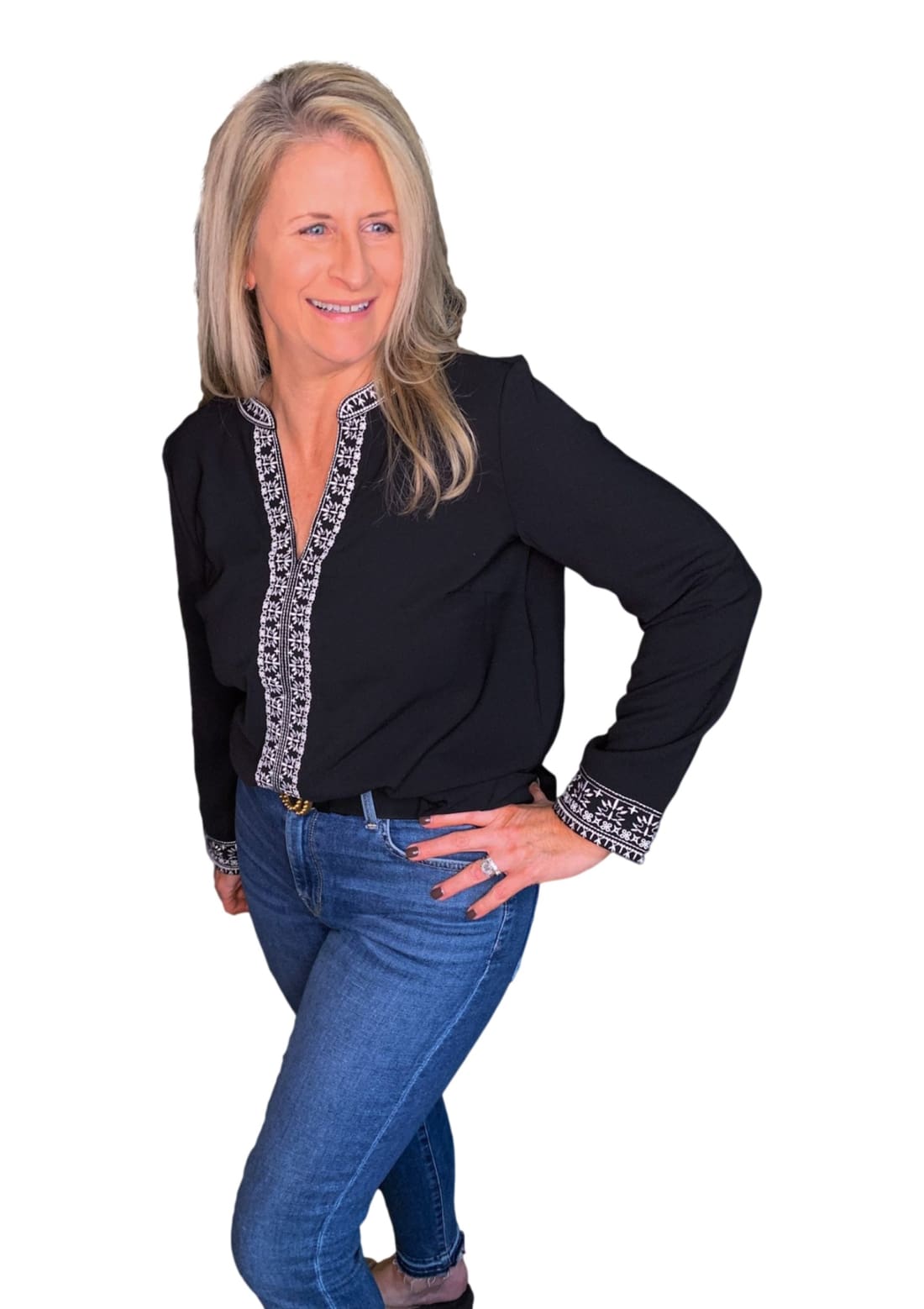 Black Boho Retro Floral Embroidered V-Neck Top Blouse