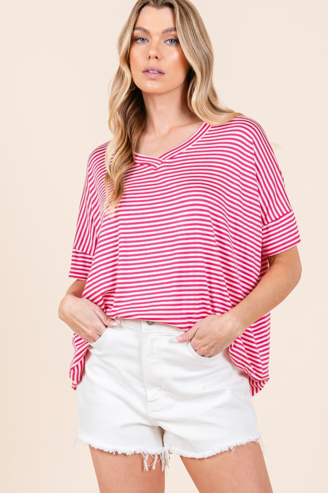 BOMBOM Striped V Neck T Shirt