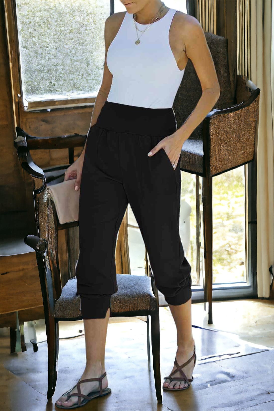 Chic Slimming Flat Front Wide Waistband Pocketed Joggers Dressy Casual