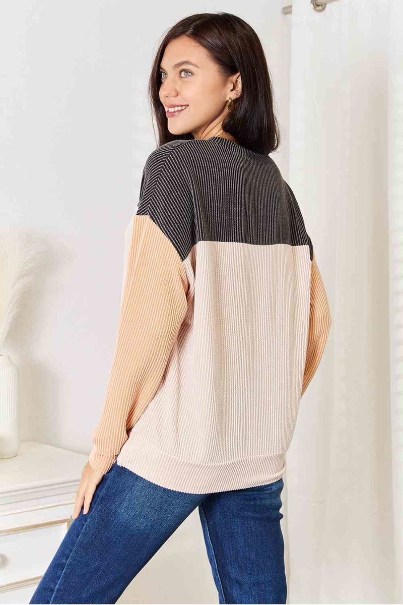 Double Take Color Block Dropped Shoulder T-Shirt | Long Sleeve Tops