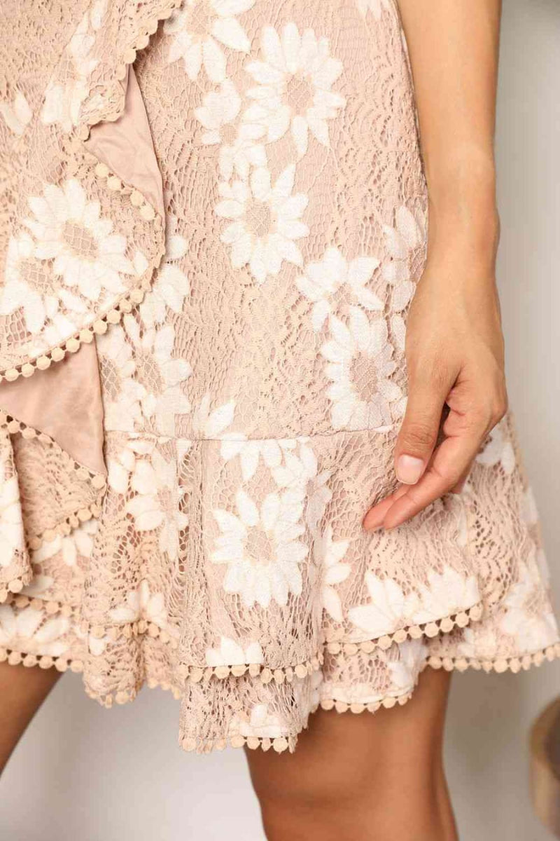 Double Take Floral Lace Pompom Detail Tie-Waist Flutter Sleeve Dress | Mini Dresses