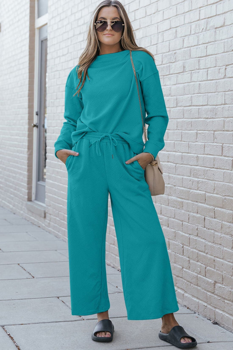 Double Take Full Size Textured Long Sleeve Top and Drawstring Pants Set | lounge pants