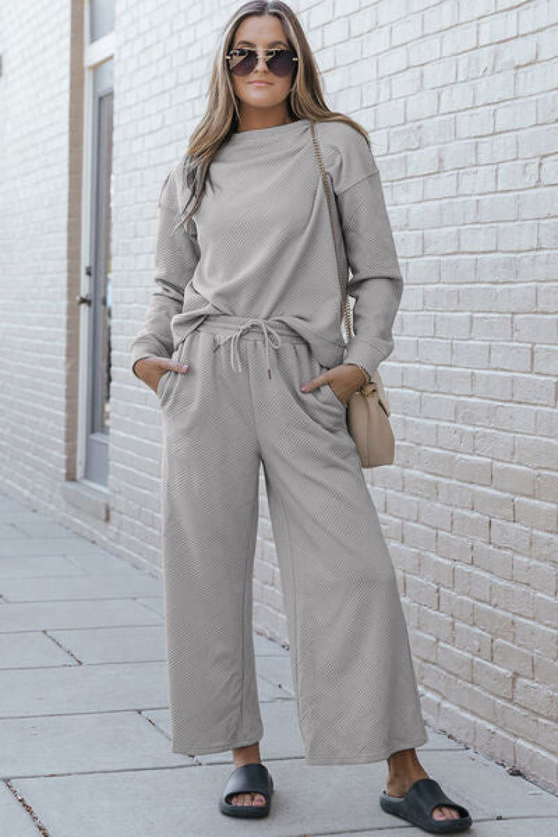Double Take Full Size Textured Long Sleeve Top and Drawstring Pants Set | lounge pants