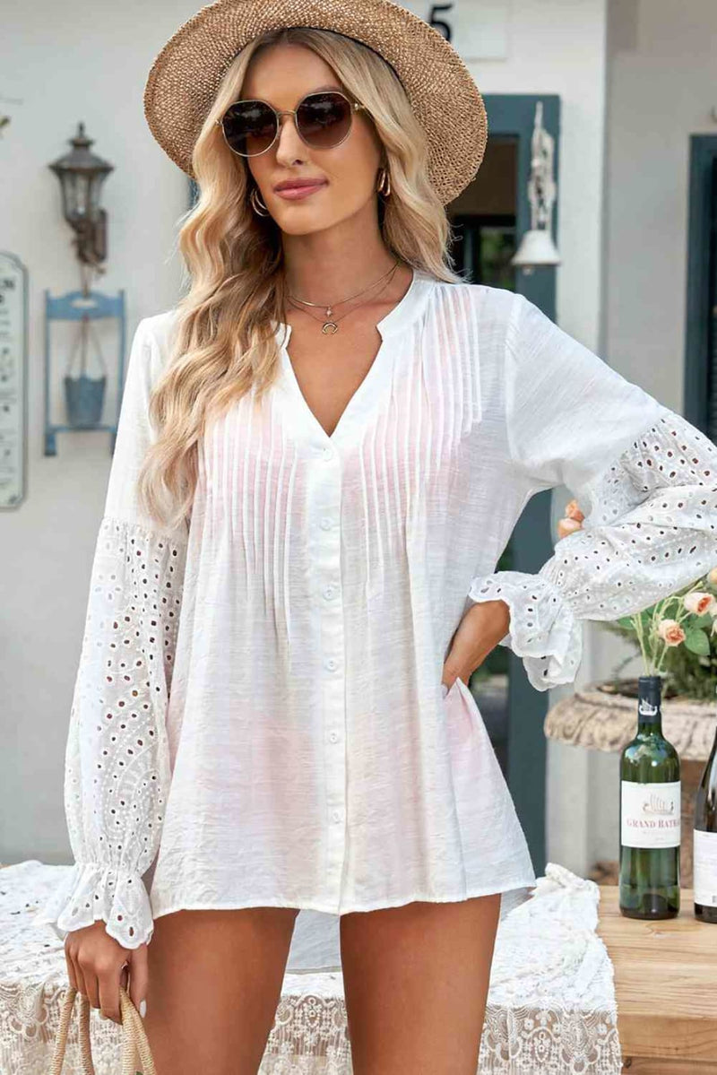 Eyelet Button Front Notched Neck Blouse | Blouses & Shirts