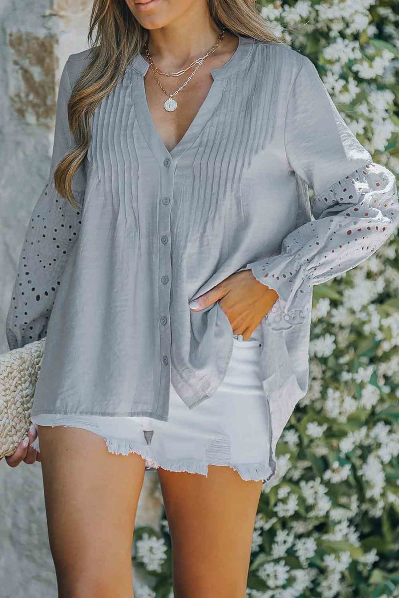 Eyelet Button Front Notched Neck Blouse | Blouses & Shirts