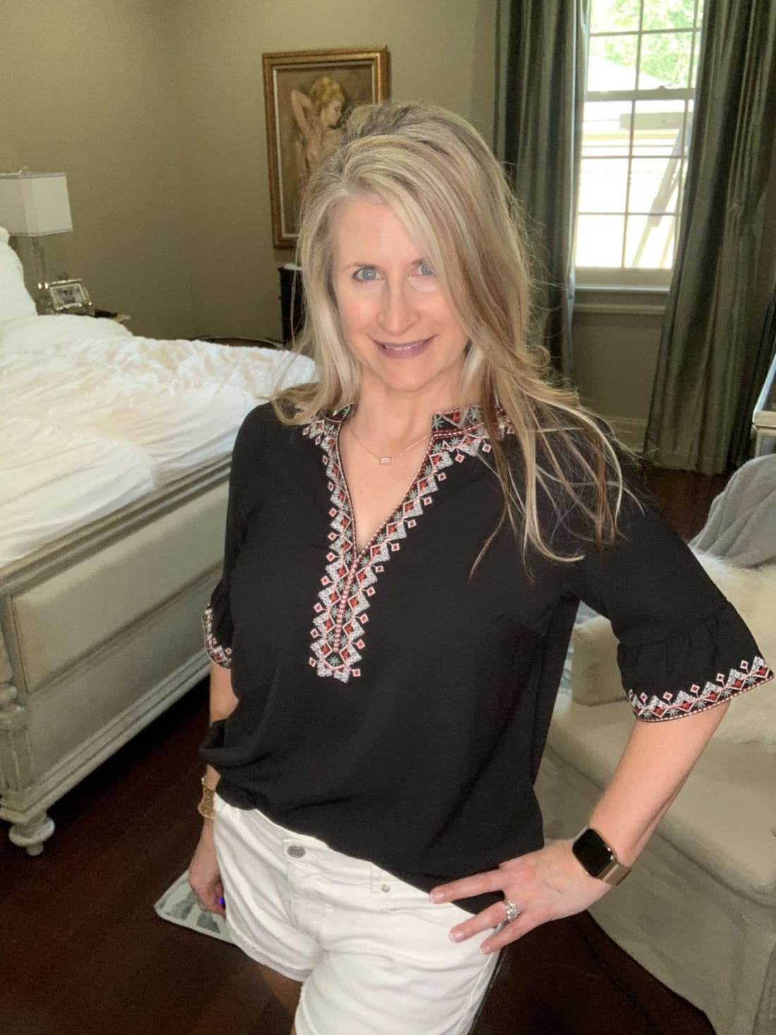 Fashion Boutique Black Boho Floral Embroidery V Neck Casual Top