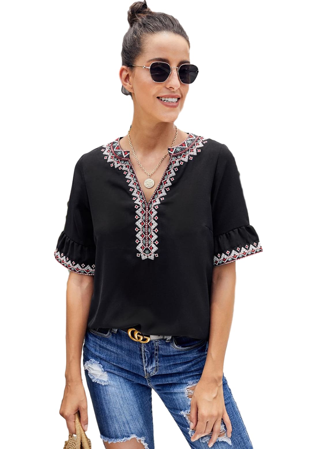 Fashion Boutique Black Boho Floral Embroidery V Neck Casual Top