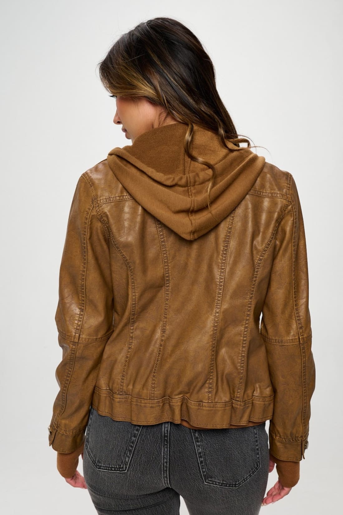 Faux Leather Hooded Long Sleeve Jacket in Brown