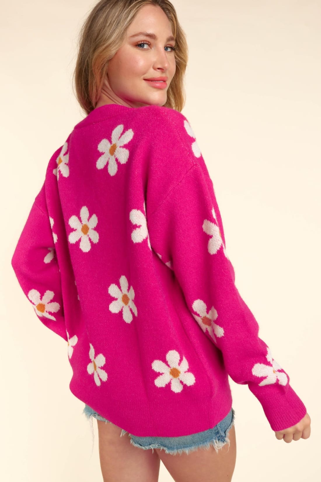 Fuchsia Daisy Floral Print Button Down Long Sleeve Cardigan Sweater