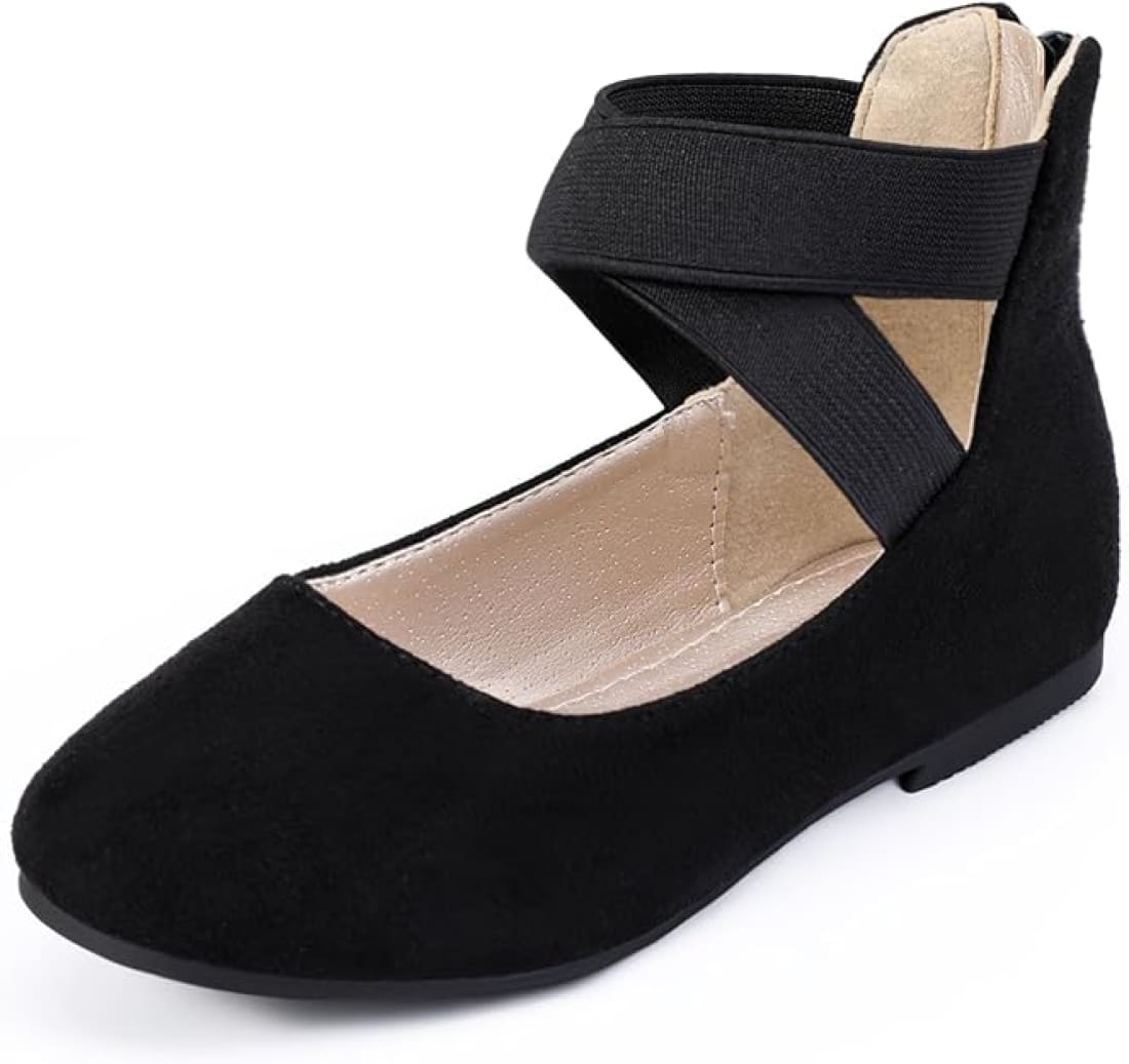 Girls Black Faux Suede Ballerina Flats with Elastic Ankle Strap Big Kid 6