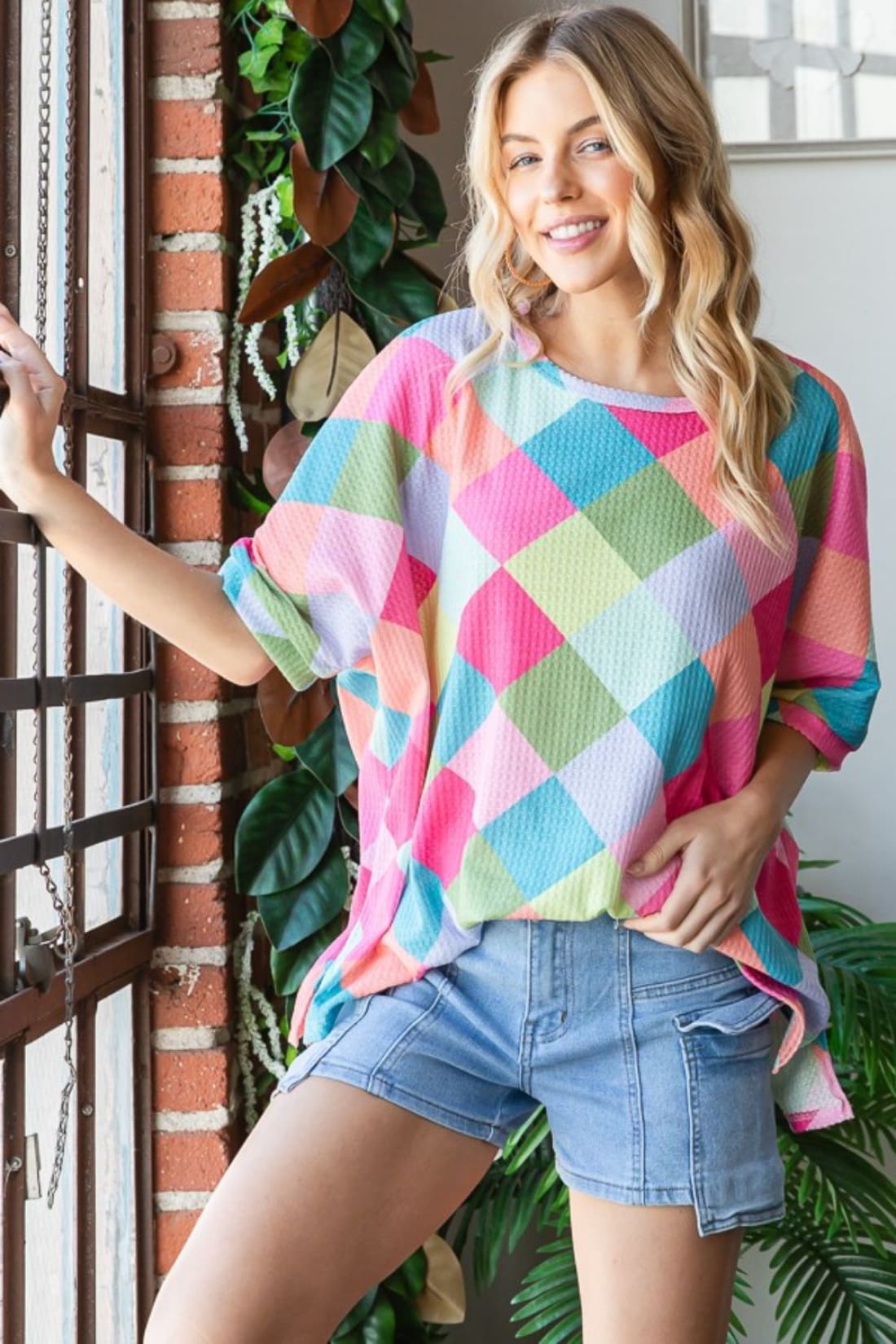 HOPELY Color Block Waffle Oversized T Shirt