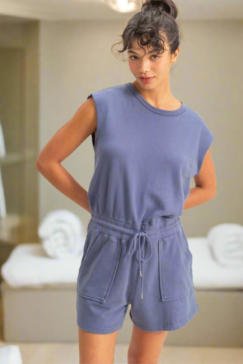 HYFVE Round Neck Cap Sleeve Drawstring Waist Romper