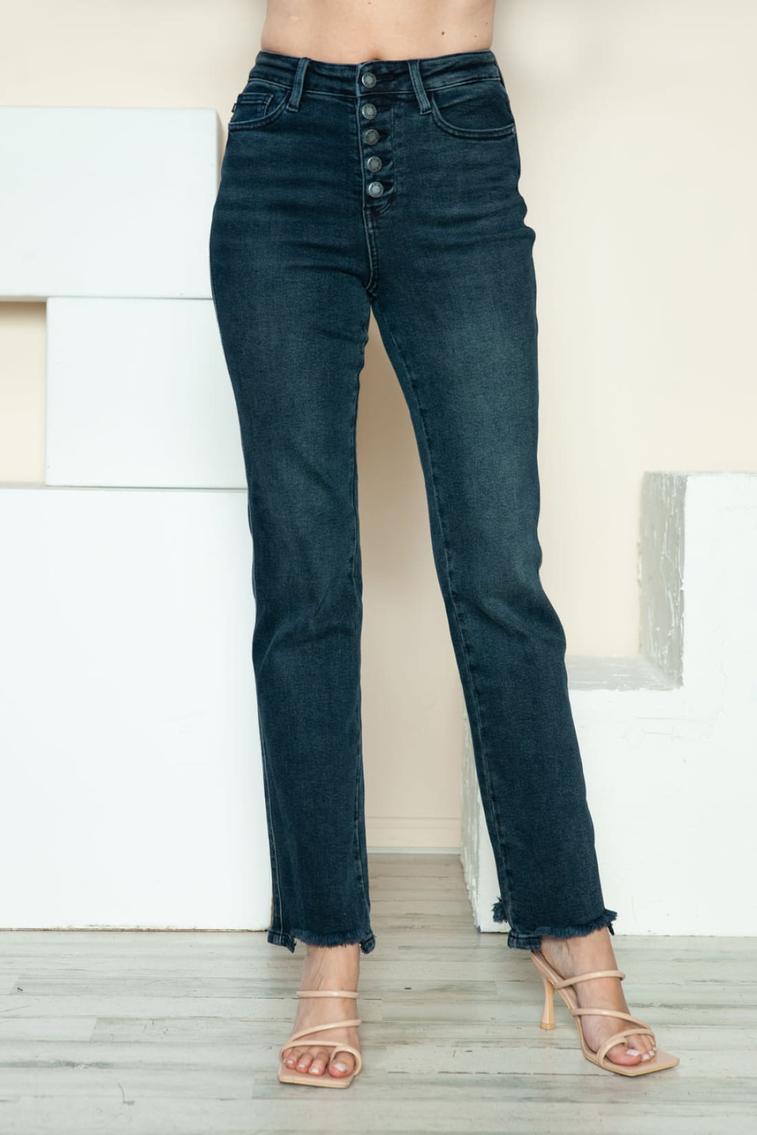 Judy Blue Button Fly Destroyed Hem Straight Jeans