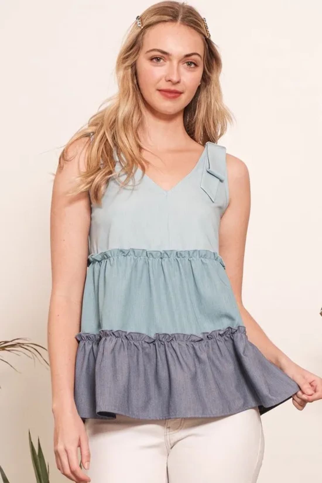 Lime āNā Chili Full Size Color Block V Neck Baby Doll Sleeveless Top Plus Size