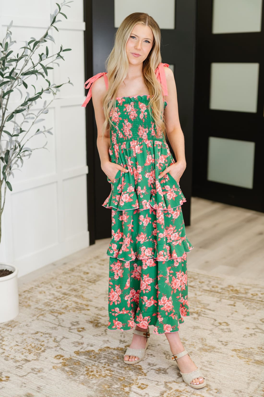 Low Effort High Impact Tiered Dress in Green/Coral