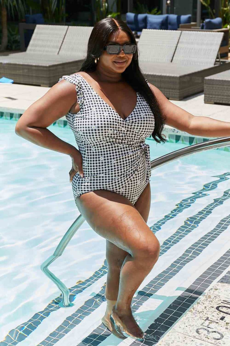 Marina West Swim Full Size Float On Ruffle Faux Wrap One-Piece in Black | One-Piece Swimsuit