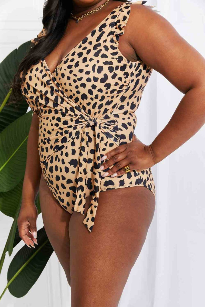 Marina West Swim Full Size Float On Ruffle Faux Wrap One-Piece in Leopard | one piece swimsuit