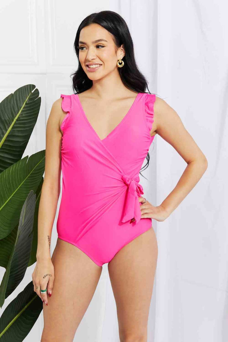 Marina West Swim Full Size Float On Ruffle Faux Wrap One-Piece in Pink | One-Piece Swimsuit