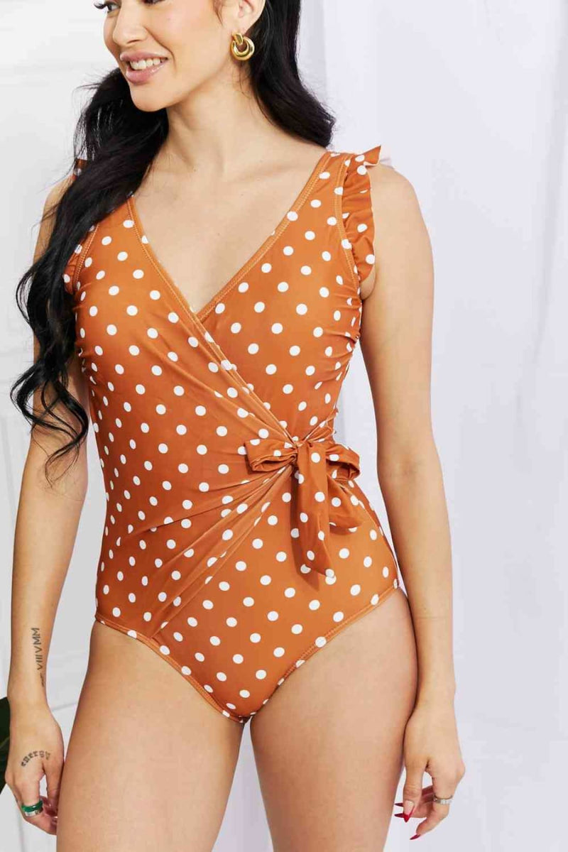 Marina West Swim Full Size Float On Ruffle Faux Wrap One - Piece in Terracotta | Swimsuit