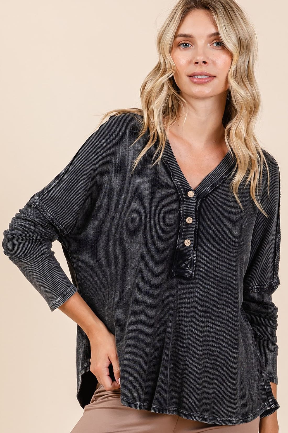 Mittoshop Washed V Neck Long Sleeve Blouse