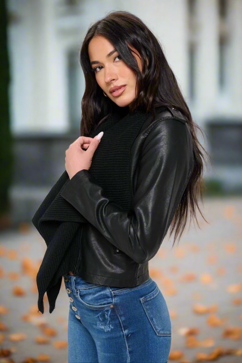 Faux Leather Crop Jacket with Knit Collar