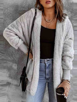 Open Front Hooded Faux Fur Outwear with Pockets | Jackets & Coats