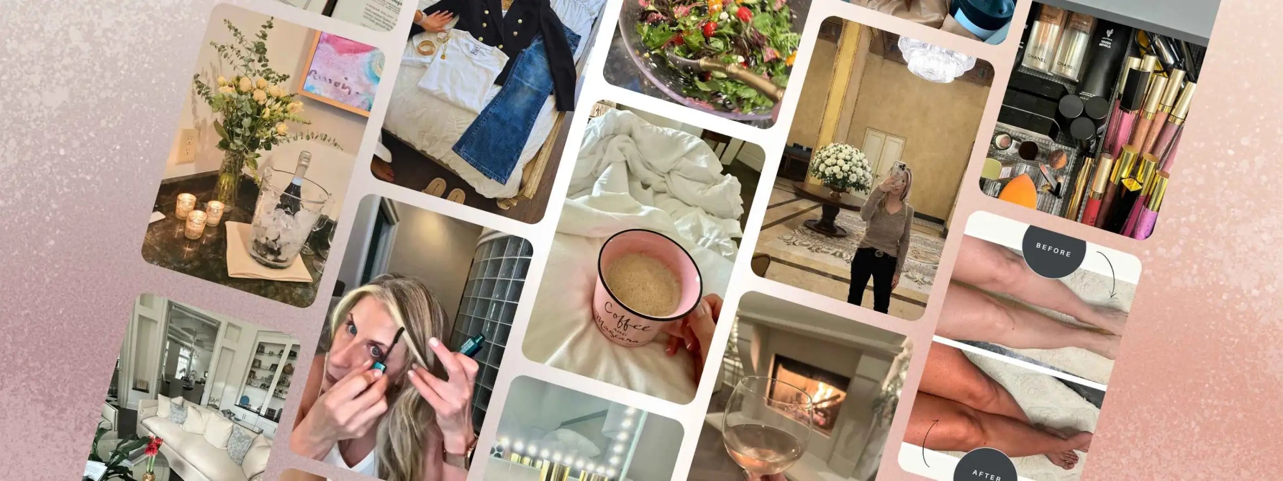 A pink ceramic mug with a white handle and subtle floral design, filled with a creamy beverage.