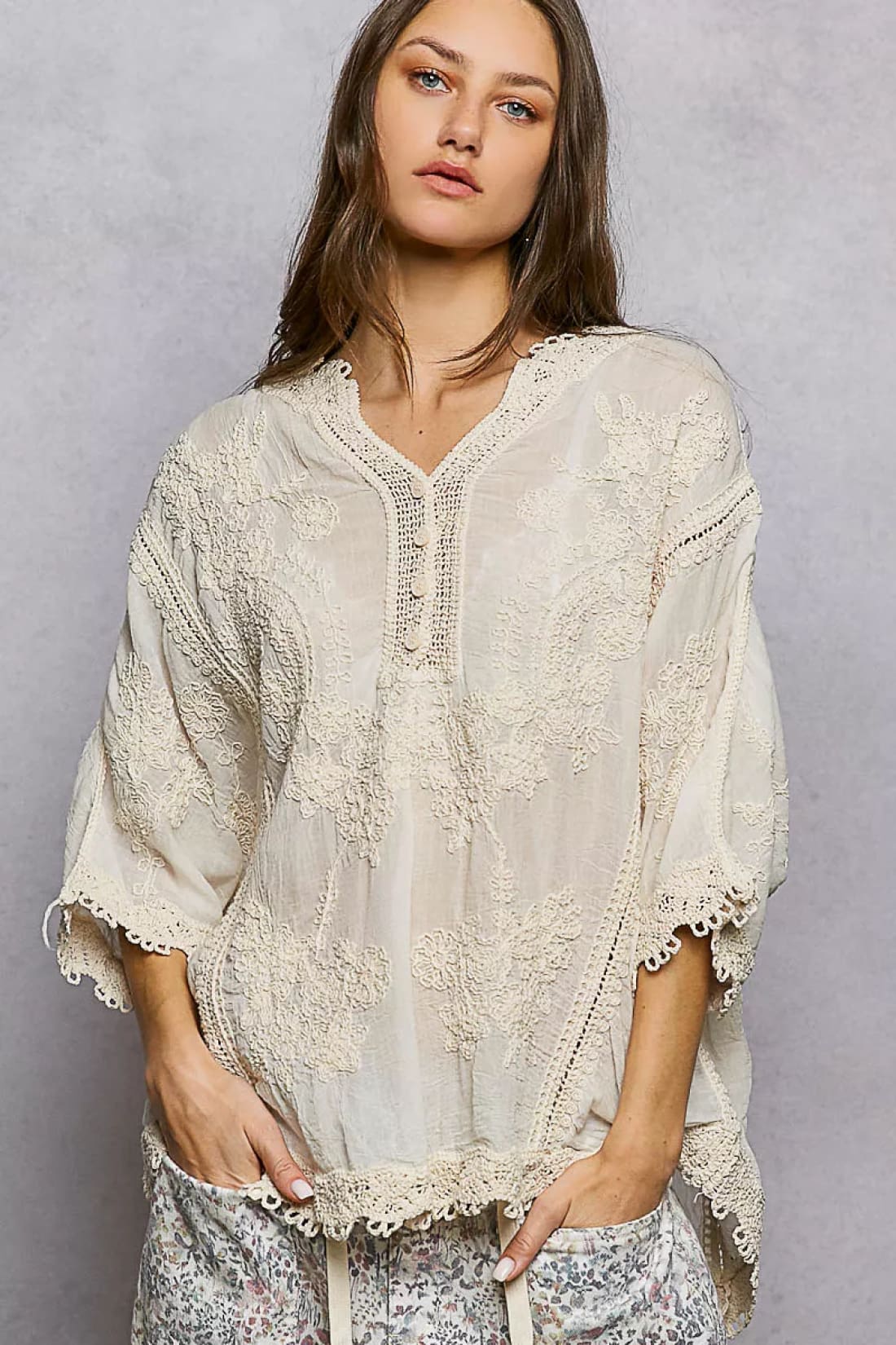 POL Floral Embroidered Top with Trim Edge