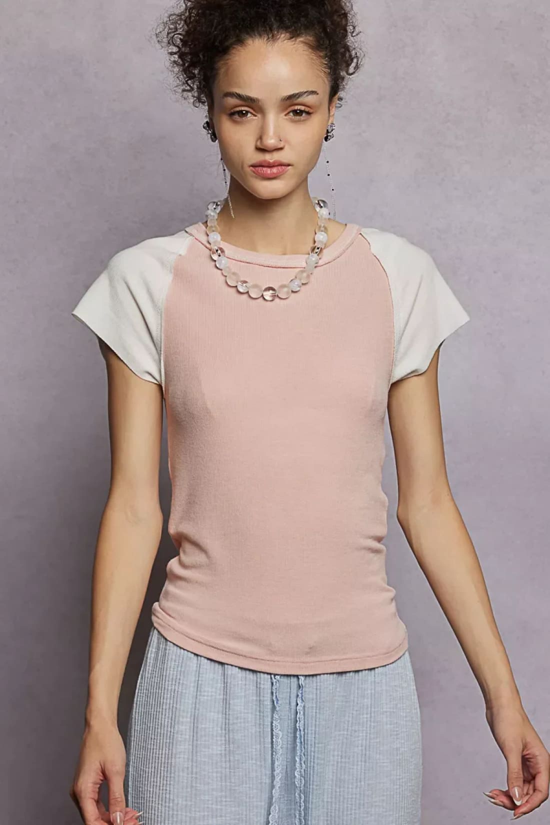 POL Round Neck Outseam Detail T-Shirt with Contrast Color Sleeves