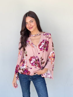 ODDI Full Size Floral Bell Sleeve Crepe Top