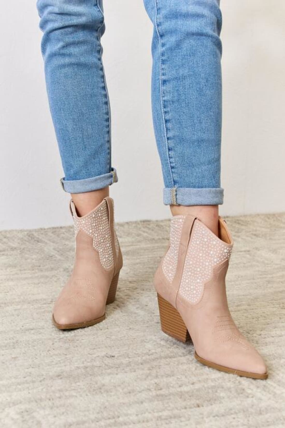 Rhinestone Ankle Cowgirl Beige Booties