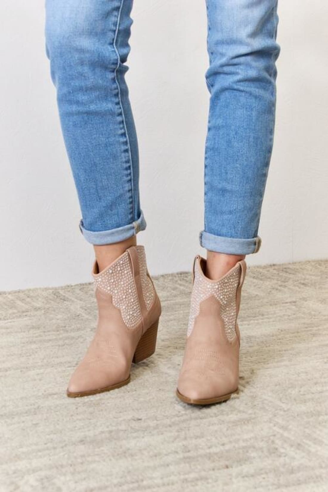 Rhinestone Ankle Cowgirl Beige Booties
