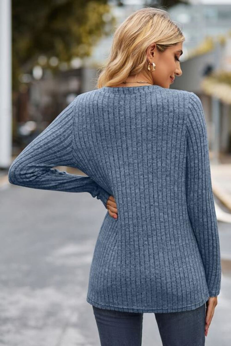 Ribbed Half Button Long Sleeve Knit Top | Tops