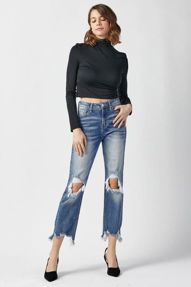 RISEN High Waist Distressed Frayed Hem Cropped Straight Jeans | Women’s Jeans