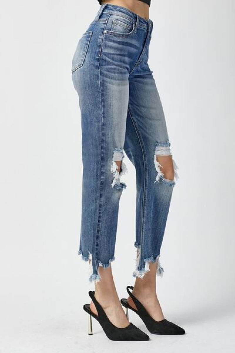 RISEN High Waist Distressed Frayed Hem Cropped Straight Jeans | Women’s Jeans