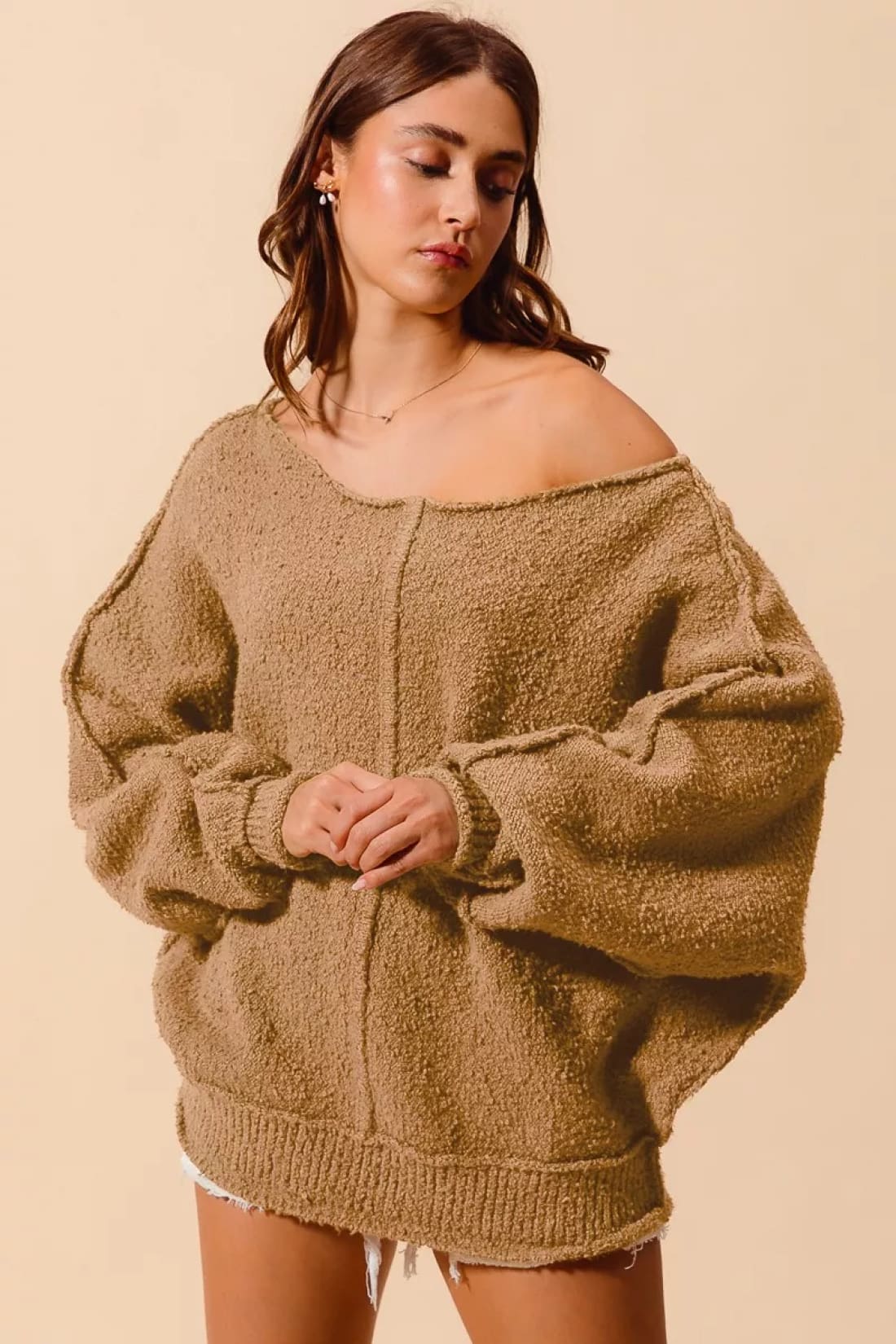 SO ME Loose Fit Exposed Seam Slouchy Boucle Sweater