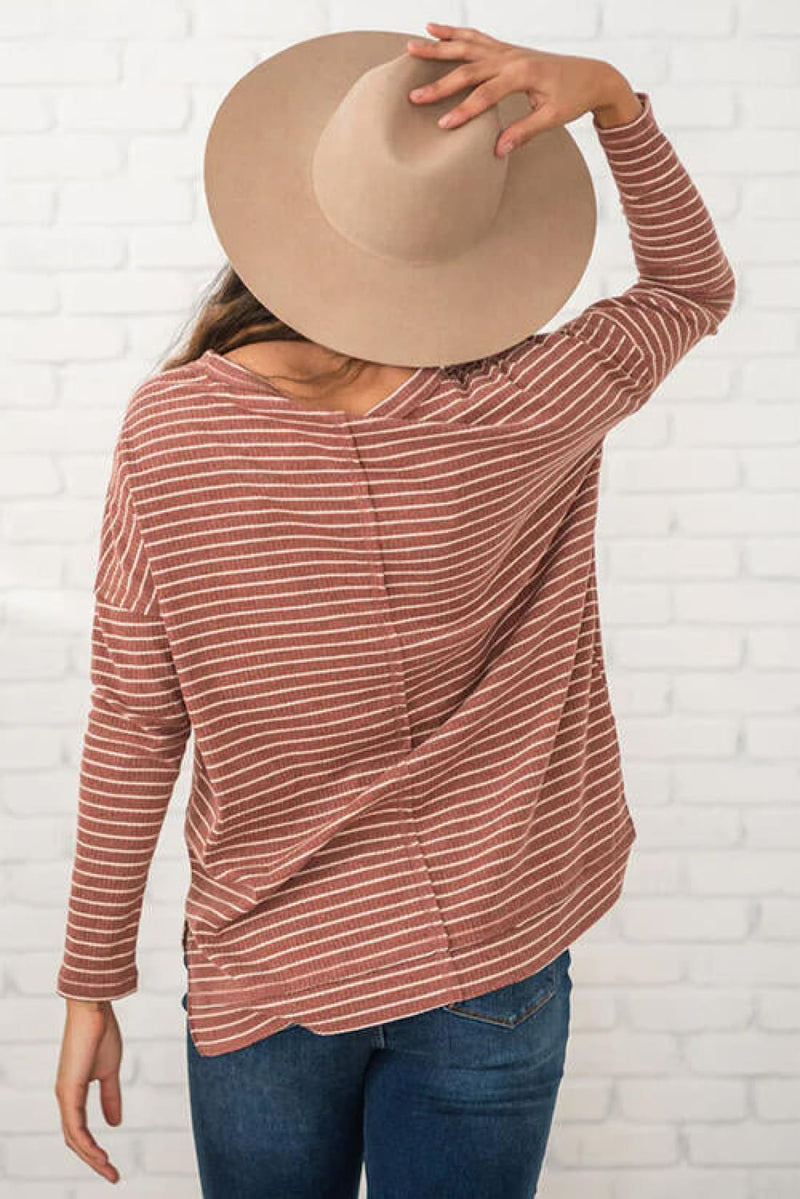 Striped Round Neck Long Sleeve Slit T-Shirt | Long Sleeve Tops